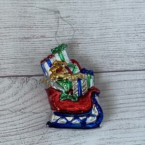 Vintage Colorful Metallic Santa Sleigh with Gifts Christmas Ornament Plastic